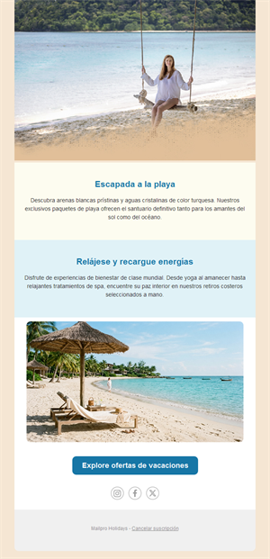Email de escapada de playa y bienestar